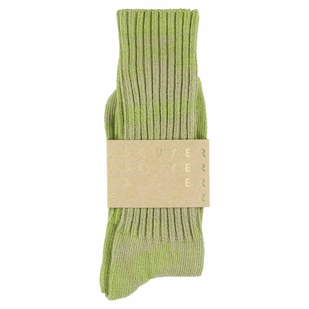 One-of-a-kind men's tie dye crew socks in spring green, hand-dyed, made in Portugal by Escuyer