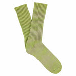 One-of-a-kind men's tie dye crew socks in spring green, hand-dyed, made in Portugal by Escuyer