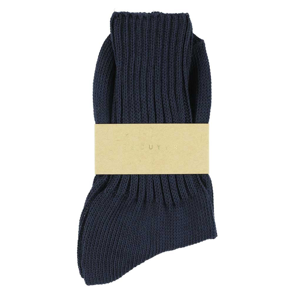Women's ribbed crew socks in navy, slub cotton, made in Portugal by Escuyer