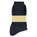 Women's ribbed crew socks in navy, slub cotton, made in Portugal by Escuyer