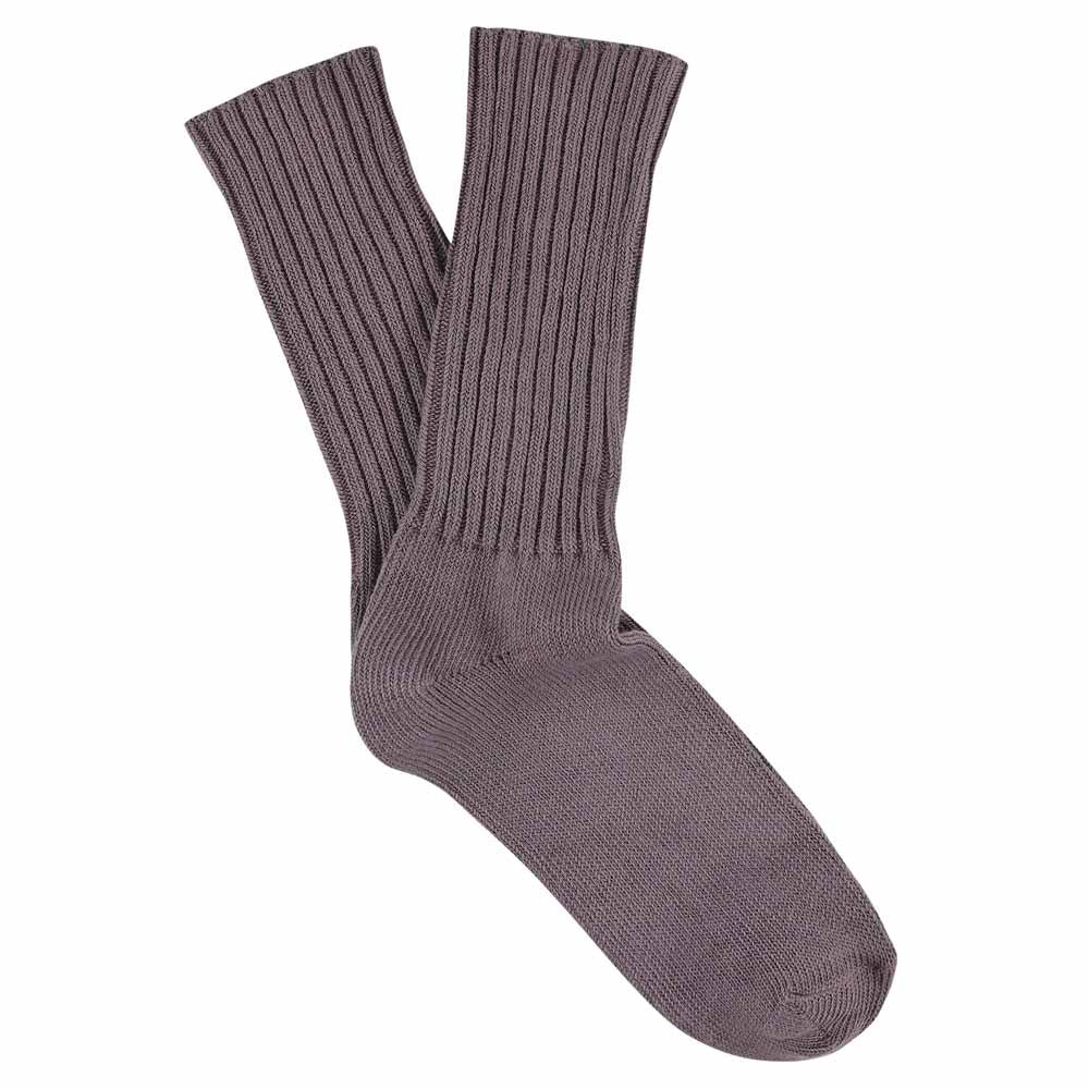 Women's ribbed crew socks in off purple, slub cotton, made in Portugal by Escuyer