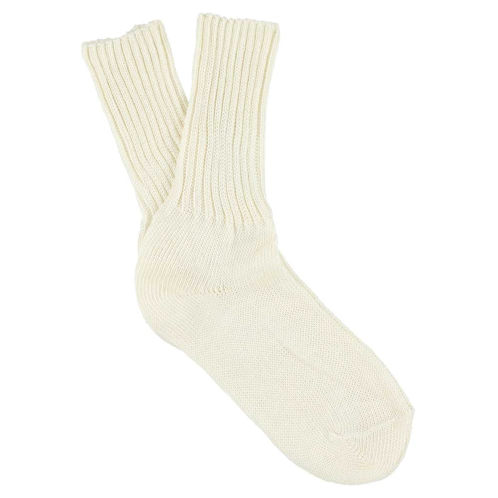 Women's ribbed crew socks in off white, slub cotton, made in Portugal by Escuyer