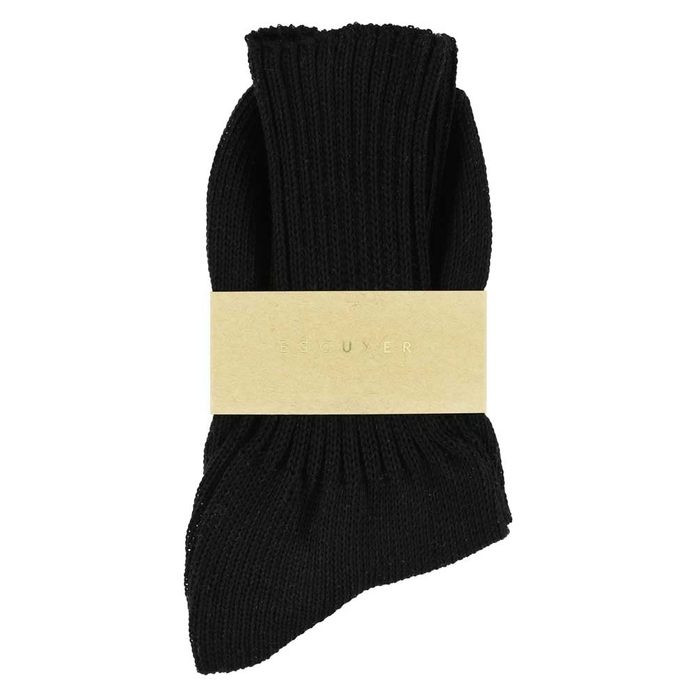 Women's ribbed crew socks in black, slub cotton, made in Portugal by Escuyer