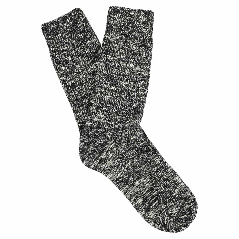Women's black melange crew socks by Escuyer, slub-knit combed cotton, made in Portugal