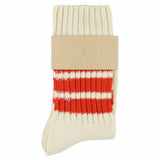 Women's striped crew socks in ecru and orange, slub cotton, made in Portugal by Escuyer