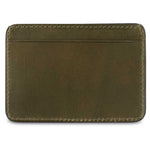 Slim khaki leather cardholder by Escuyer, showing hand painted edges and card slots