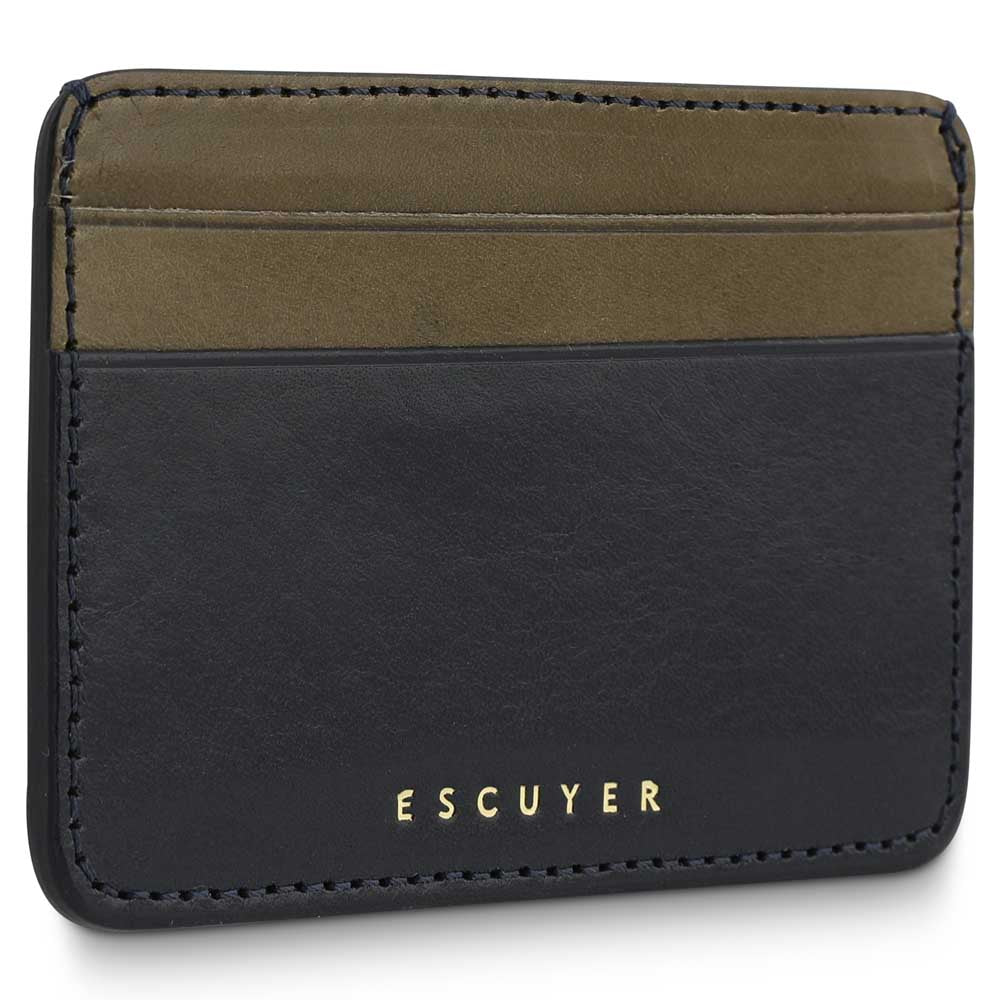Escuyer blue and khaki leather cardholder back view — khaki leather, hand painted edges