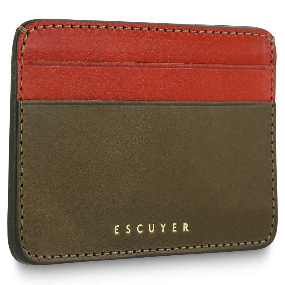Escuyer khaki and orange leather cardholder back view — orange leather, hand painted edges