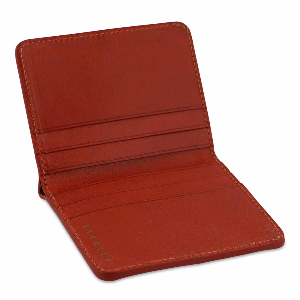 Escuyer cognac and orange slim wallet showing bill sleeve in natural leather interior