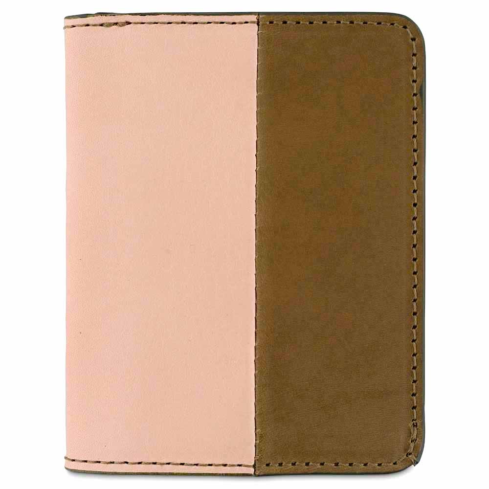 Escuyer pink and safari slim wallet — vertical colour-block exterior, pink left half, safari right half