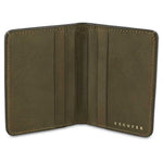 Escuyer khaki slim wallet open — 6 card slots in natural leather interior