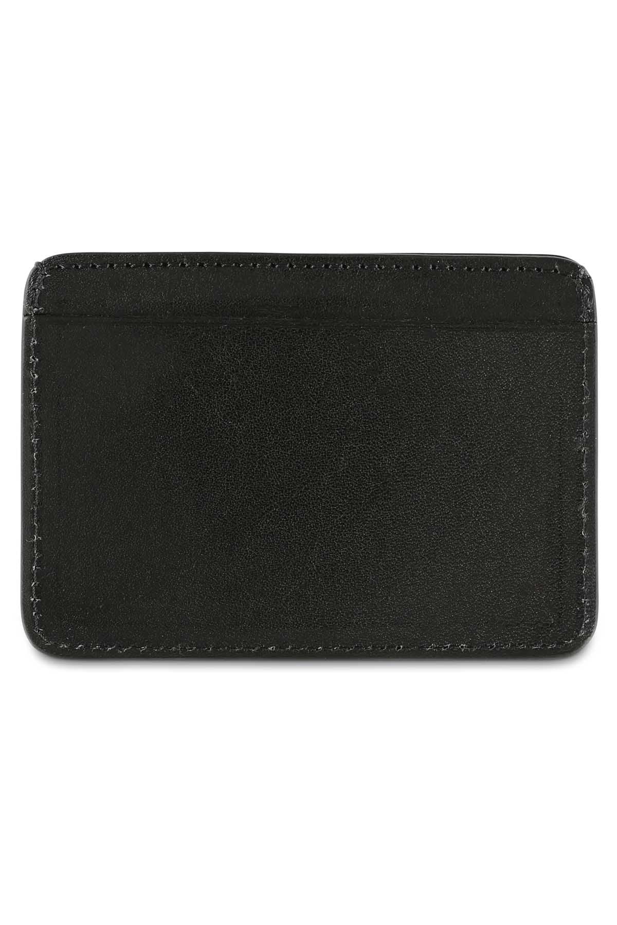 Slim black leather cardholder by Escuyer, showing hand painted edges and card slots