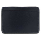 Slim blue leather cardholder by Escuyer, showing hand painted edges and card slots