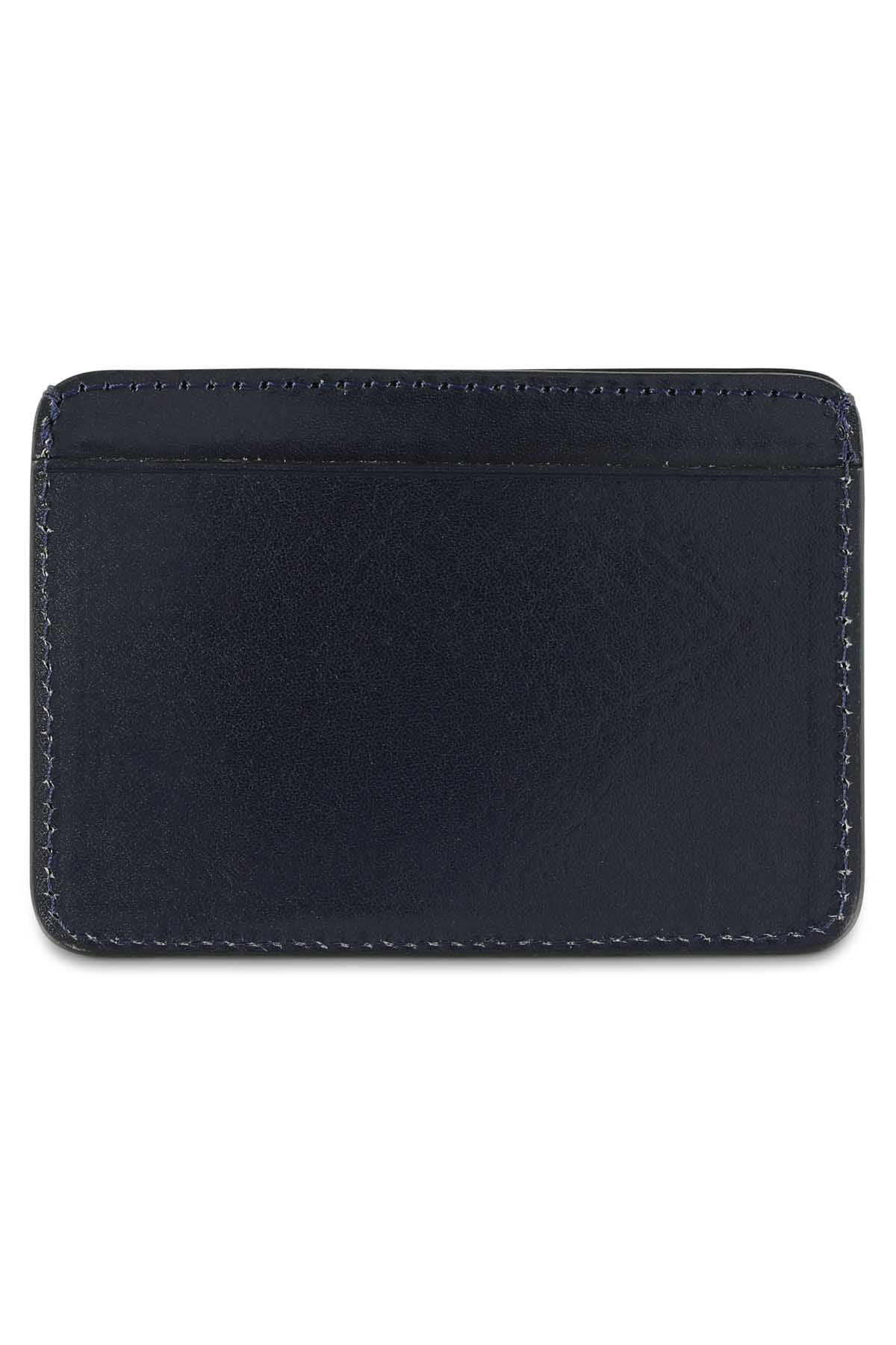 Slim blue leather cardholder by Escuyer, showing hand painted edges and card slots