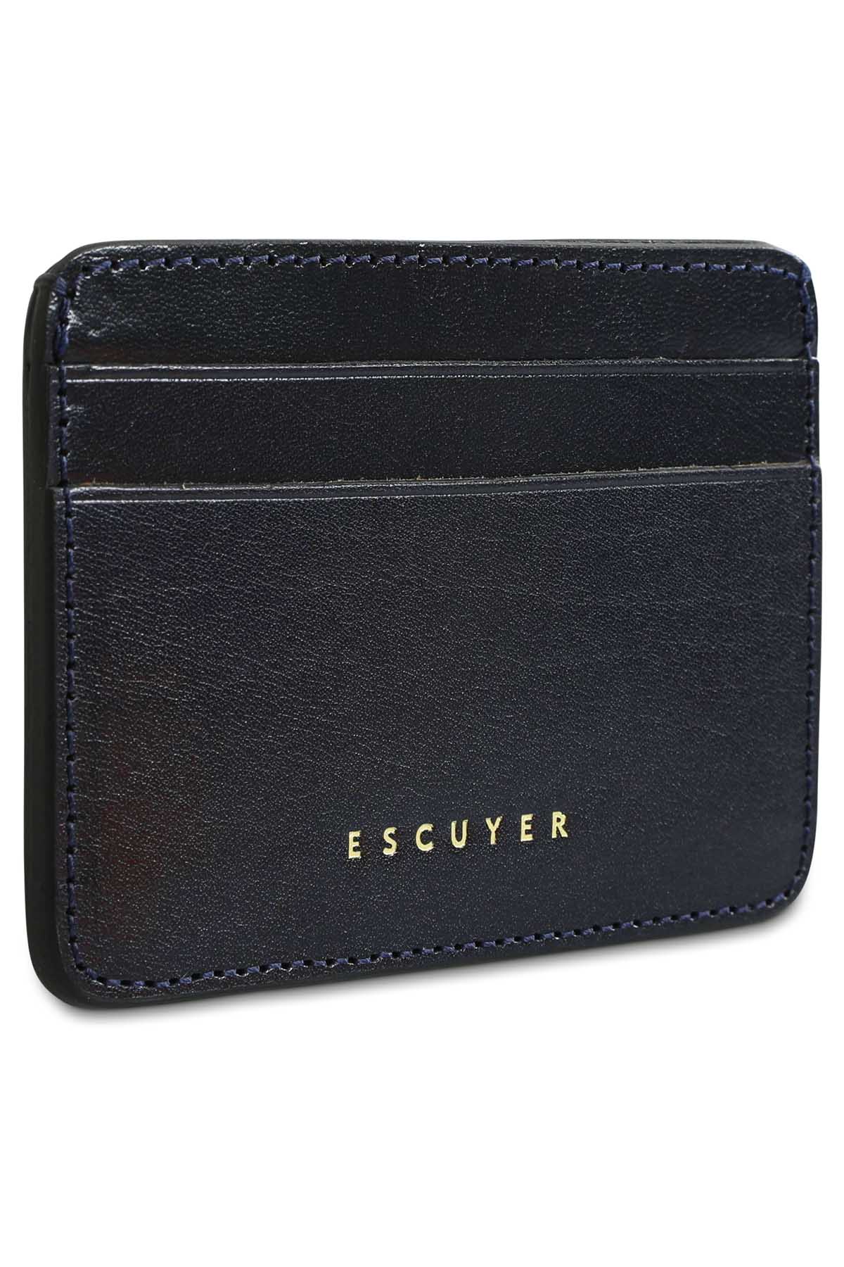 Interior view of Escuyer blue leather cardholder — centre bill section and card pockets