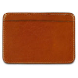 Slim cognac leather cardholder by Escuyer, showing hand painted edges and card slots