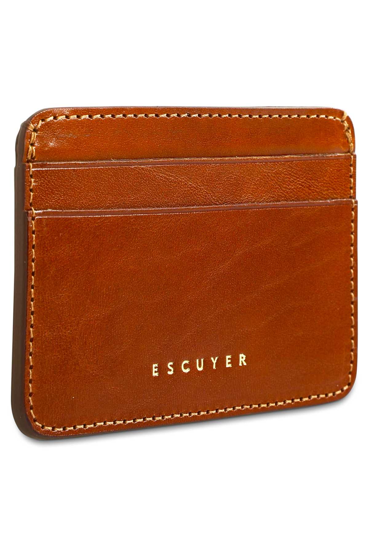Interior view of Escuyer cognac leather cardholder — centre bill section and card pockets