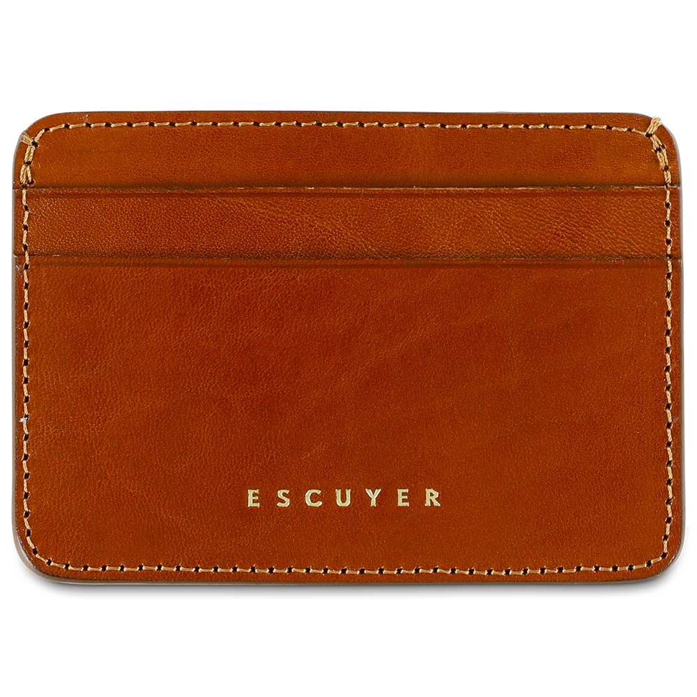 Escuyer cognac leather cardholder — handmade vegetable tanned leather card case, front view