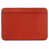 Slim orange leather cardholder by Escuyer, showing hand painted edges and card slots