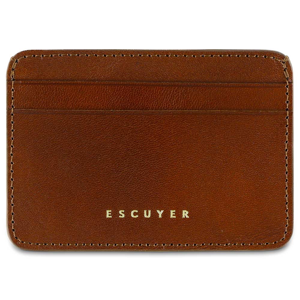 Escuyer light brown leather cardholder — handmade vegetable tanned leather card case, front view