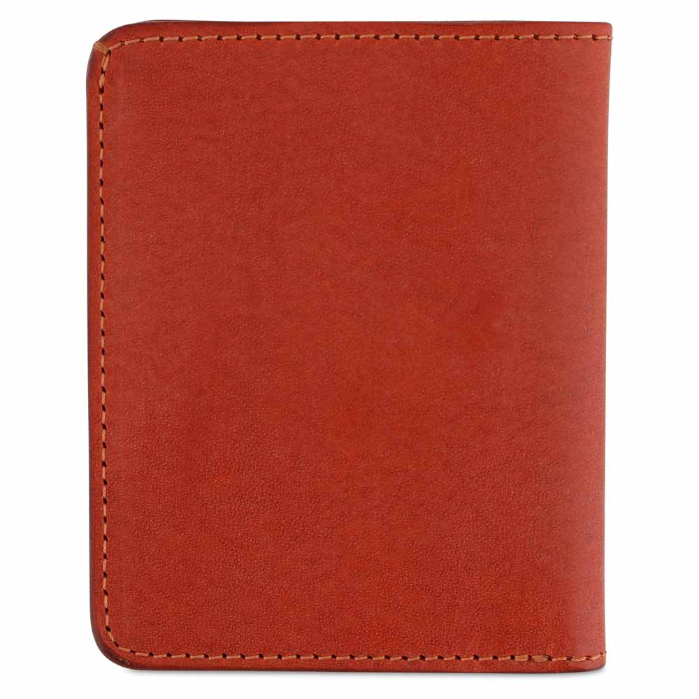 Escuyer orange slim wallet showing bill sleeve in natural leather interior