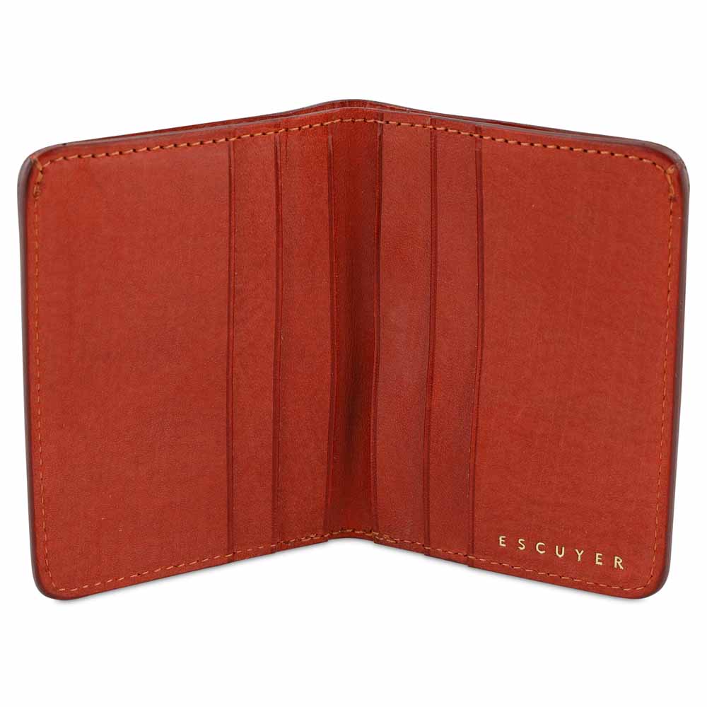 Escuyer orange slim wallet open — 6 card slots in natural leather interior