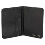 Escuyer black slim wallet open — 6 card slots in natural leather interior