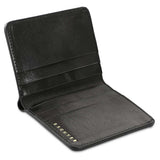 Escuyer black slim wallet showing bill sleeve in natural leather interior