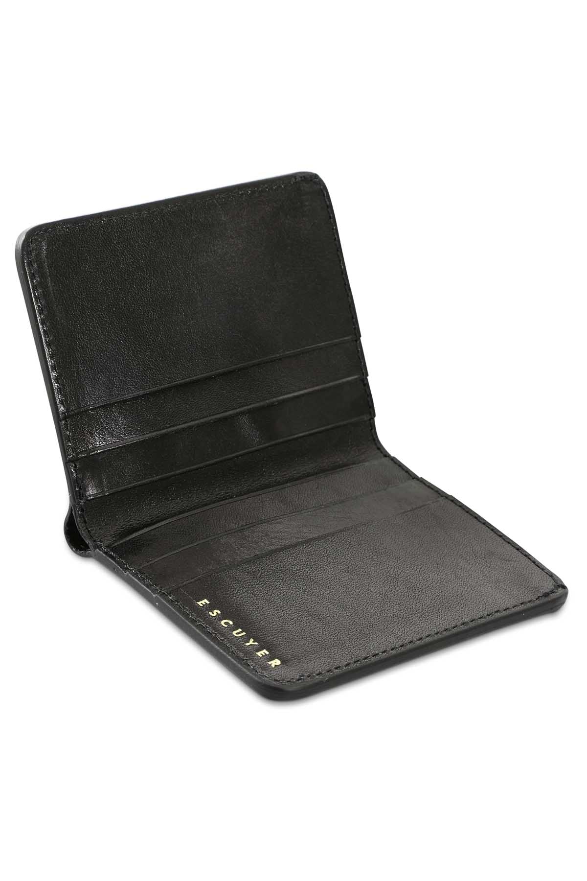 Escuyer black slim wallet showing bill sleeve in natural leather interior