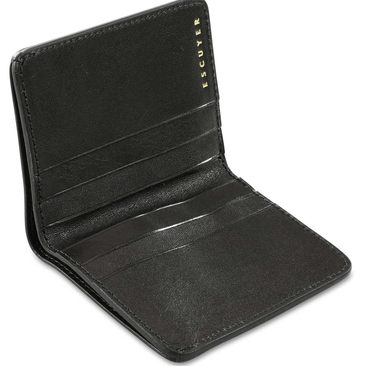 Escuyer black slim wallet showing slim profile and hand painted edges