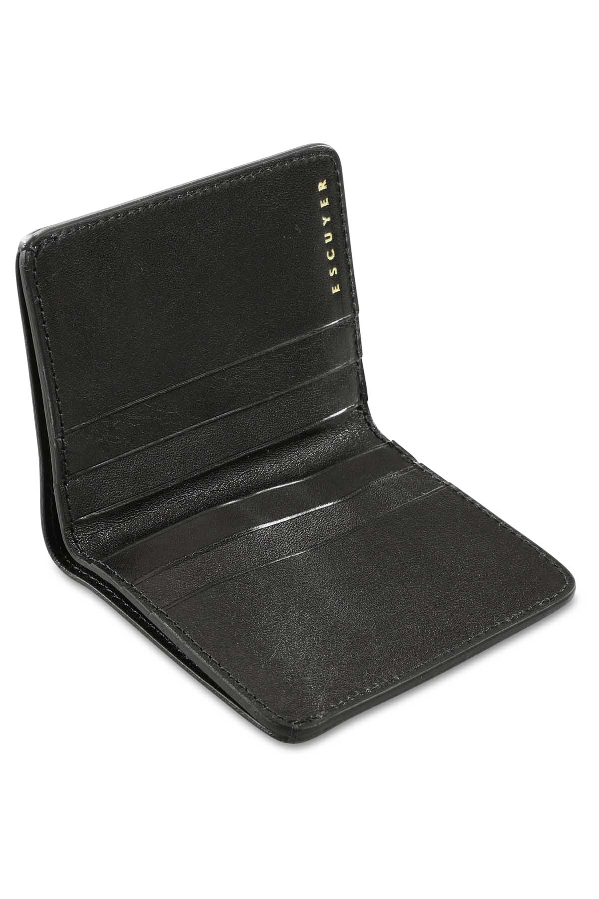 Escuyer black slim wallet showing slim profile and hand painted edges