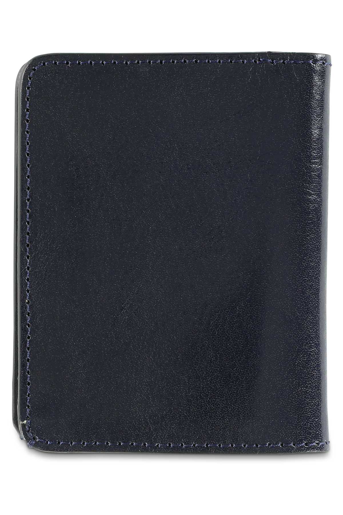 Escuyer blue slim leather wallet closed — slim profile for front pocket carry
