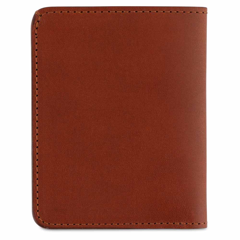 Escuyer cognac slim wallet showing bill sleeve in natural leather interior