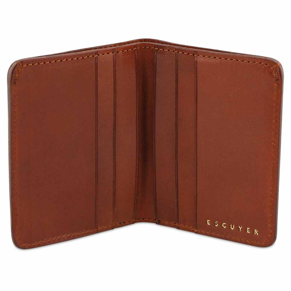 Escuyer cognac slim wallet open — 6 card slots in natural leather interior