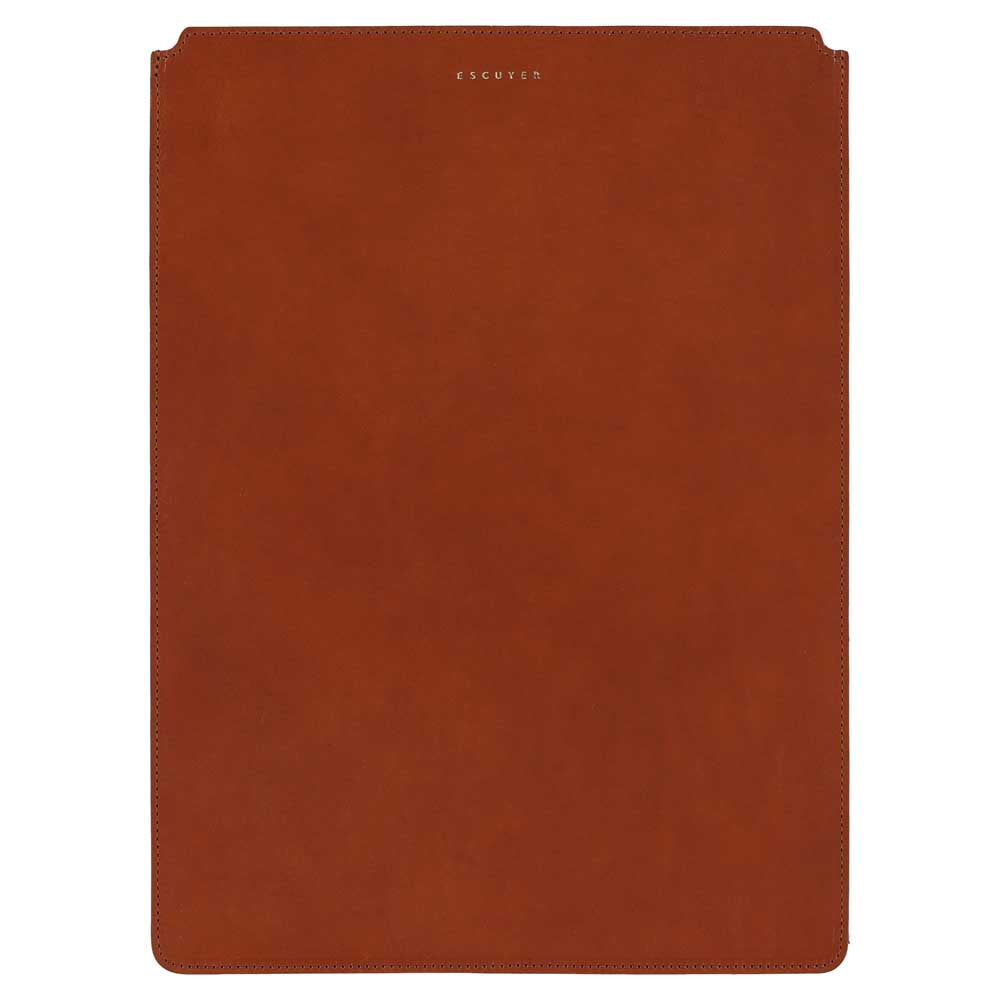 Escuyer cognac and pink leather MacBook sleeve — cognac front panel, Italian veg-tanned leather, handmade in Portugal
