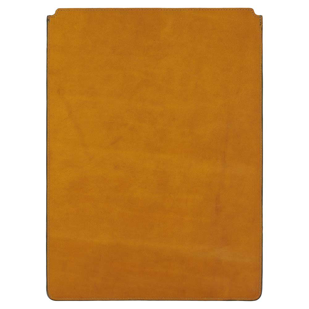 Escuyer khaki and mustard leather MacBook sleeve — mustard back panel, two-tone Italian veg-tanned leather