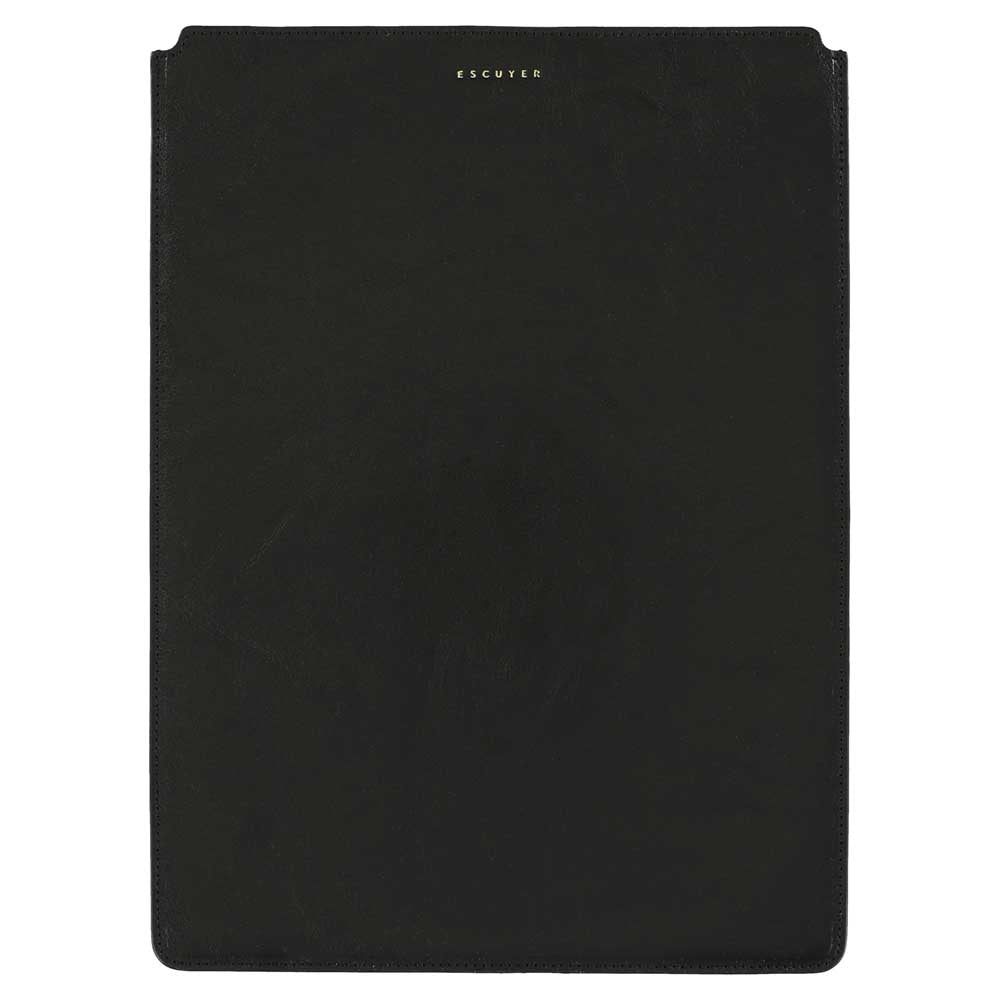 Escuyer black and dark blue leather MacBook sleeve — black front panel, Italian veg-tanned leather, handmade in Portugal