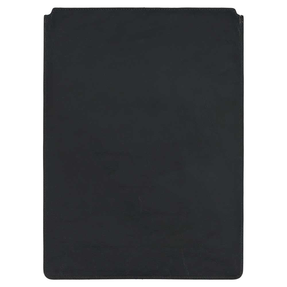 Escuyer black and dark blue leather MacBook sleeve — dark blue back panel, two-tone Italian veg-tanned leather