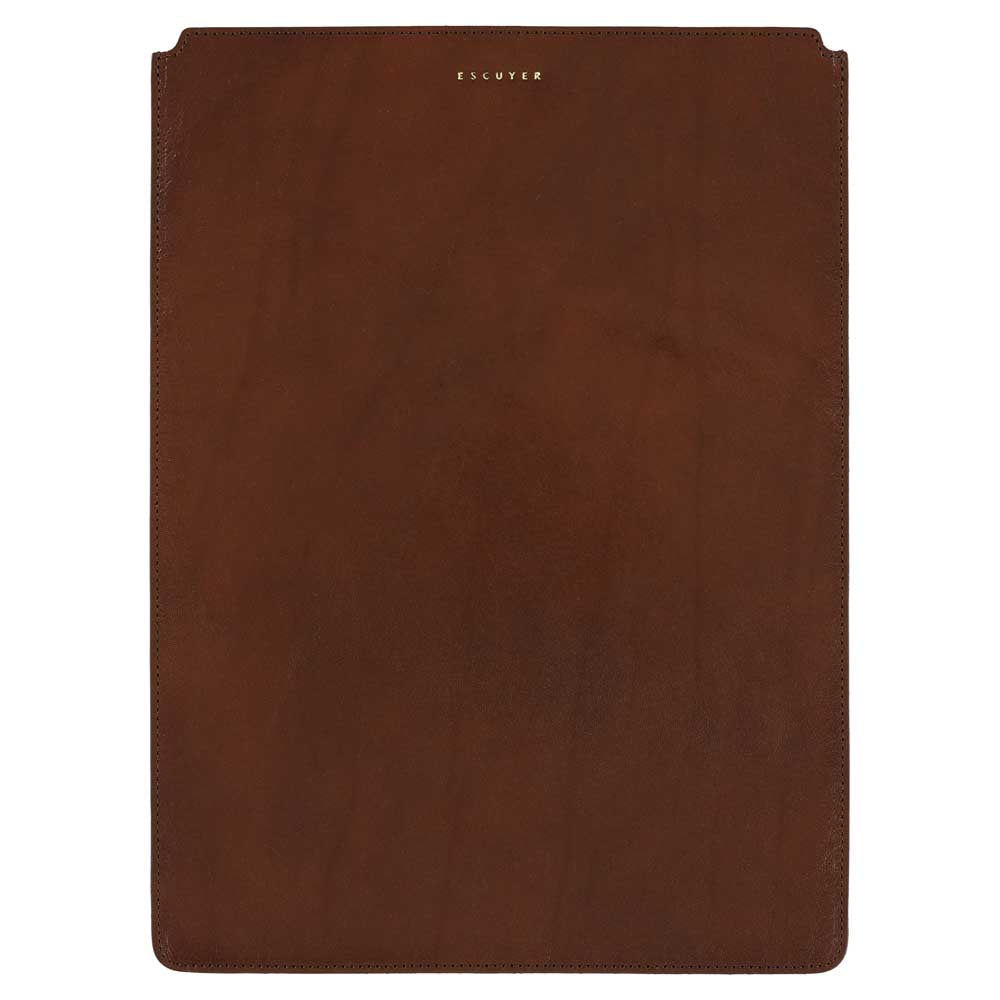 Escuyer light brown and orange leather MacBook sleeve — light brown front panel, Italian veg-tanned leather, handmade in Portugal