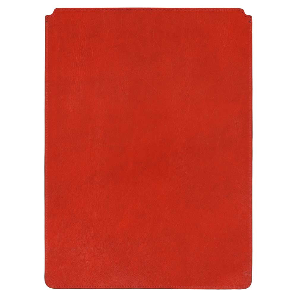 Escuyer light brown and orange leather MacBook sleeve — orange back panel, two-tone Italian veg-tanned leather