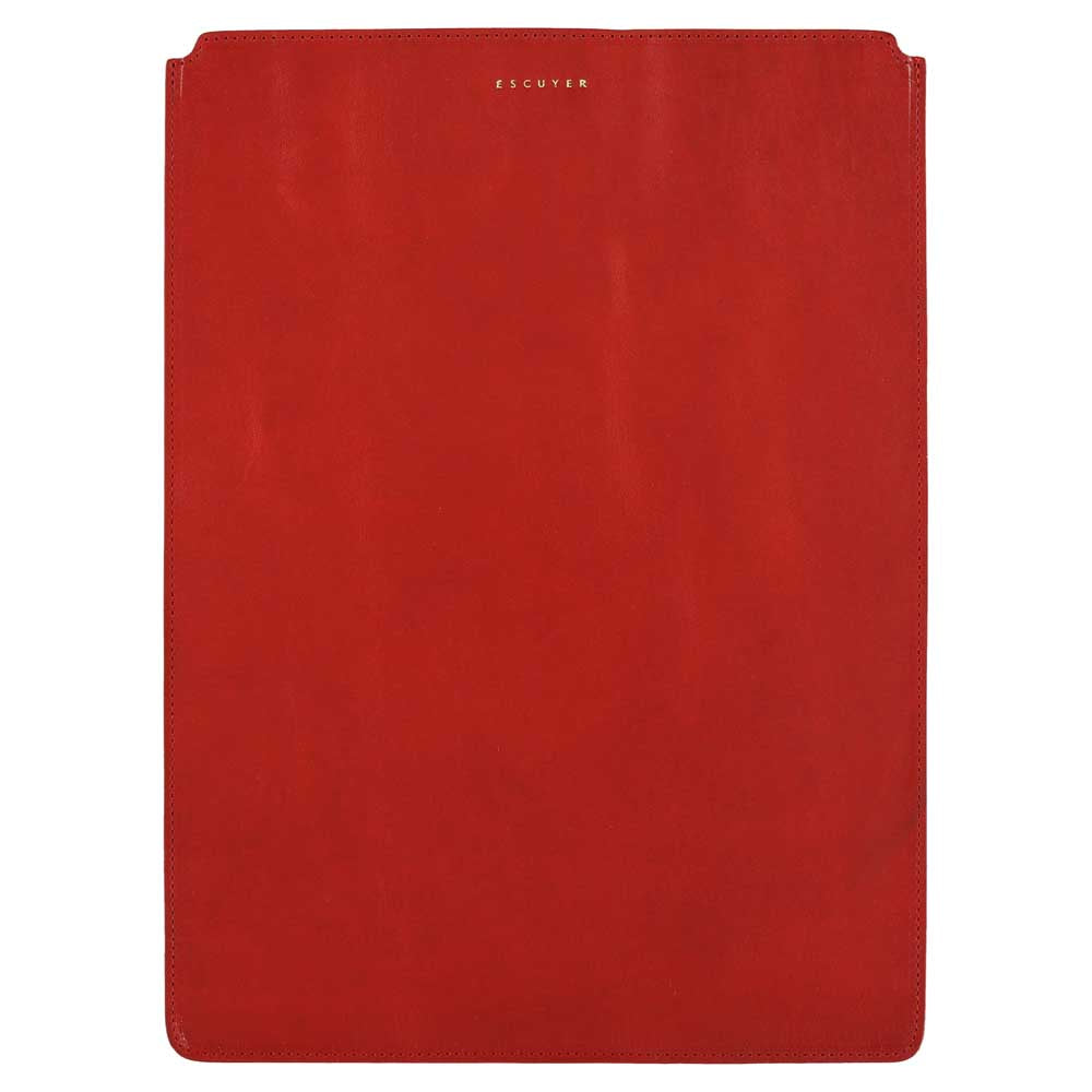 Escuyer red and burgundy leather MacBook sleeve — red front panel, Italian veg-tanned leather, handmade in Portugal