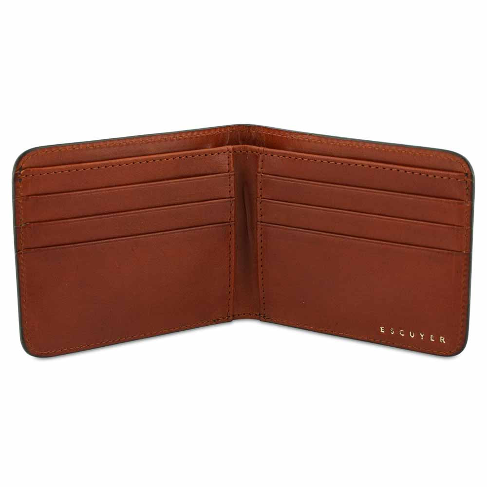 Escuyer green and cognac billfold wallet open — cognac leather interior with 6 card slots and 2 receipt pockets