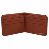 Escuyer green and cognac billfold wallet open — cognac leather interior with 6 card slots and 2 receipt pockets