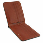 Escuyer green and cognac billfold wallet showing bill sleeve in cognac leather interior