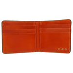 Escuyer light brown and orange billfold wallet showing bill sleeve in orange leather interior
