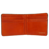 Escuyer light brown and orange billfold wallet showing bill sleeve in orange leather interior